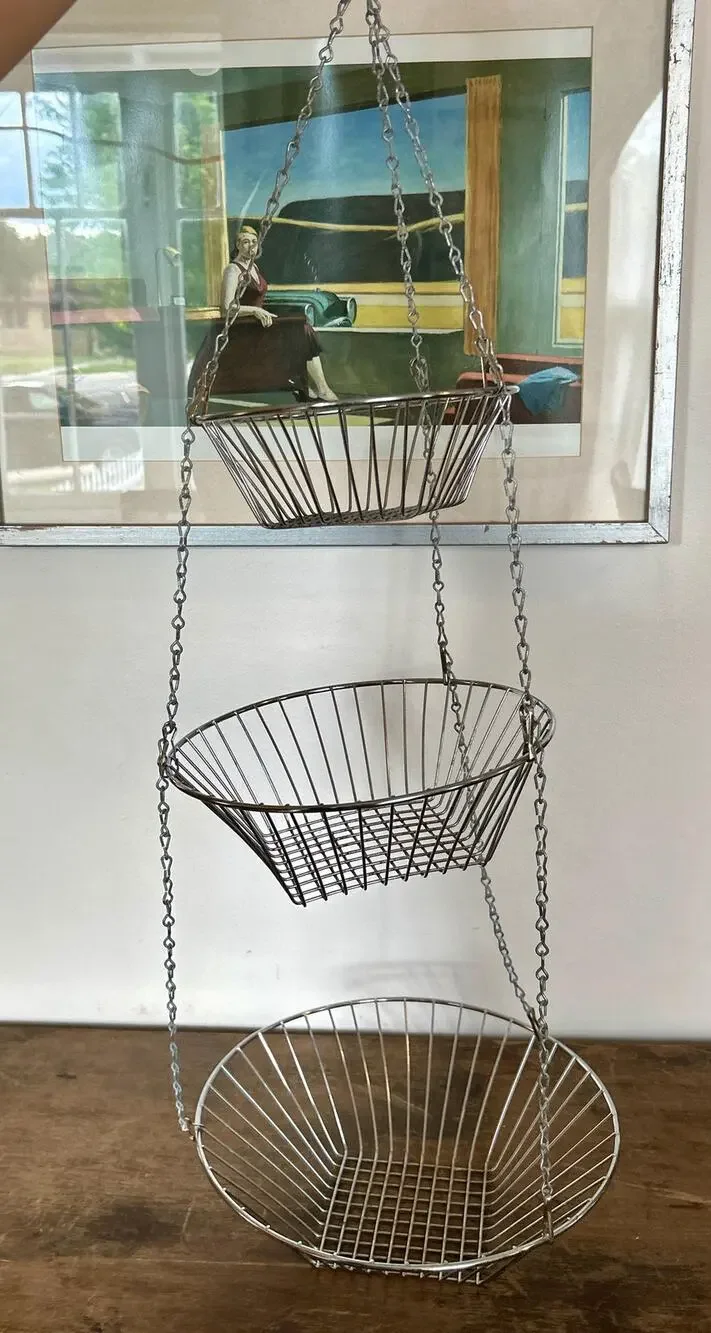 Vintage 3-Tier Hanging Fruit Baskets | Silver Tone Metal Kitchen Storage